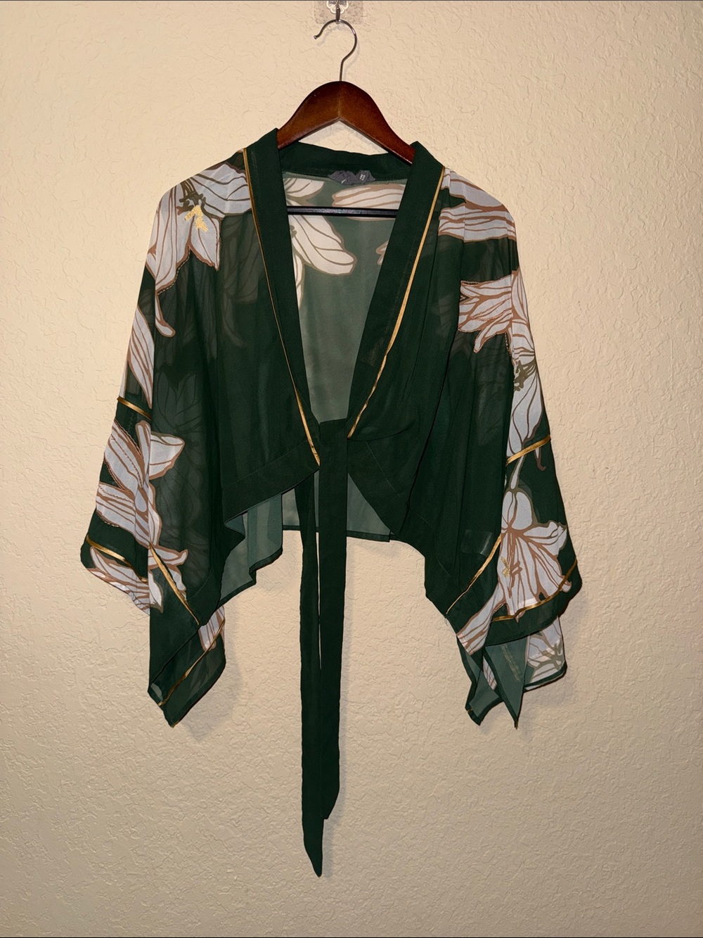 Anthropologie Forest Green Floral Sheer Tie-Front Wrap with Gold Trim